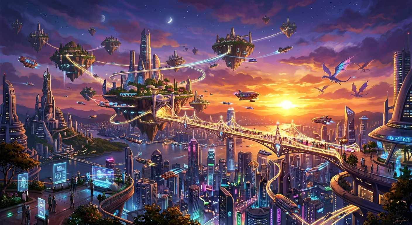 Futuristic cityscape with floating islands, light bridges, dragons, and modern architecture under a golden sunset, in rich hues.