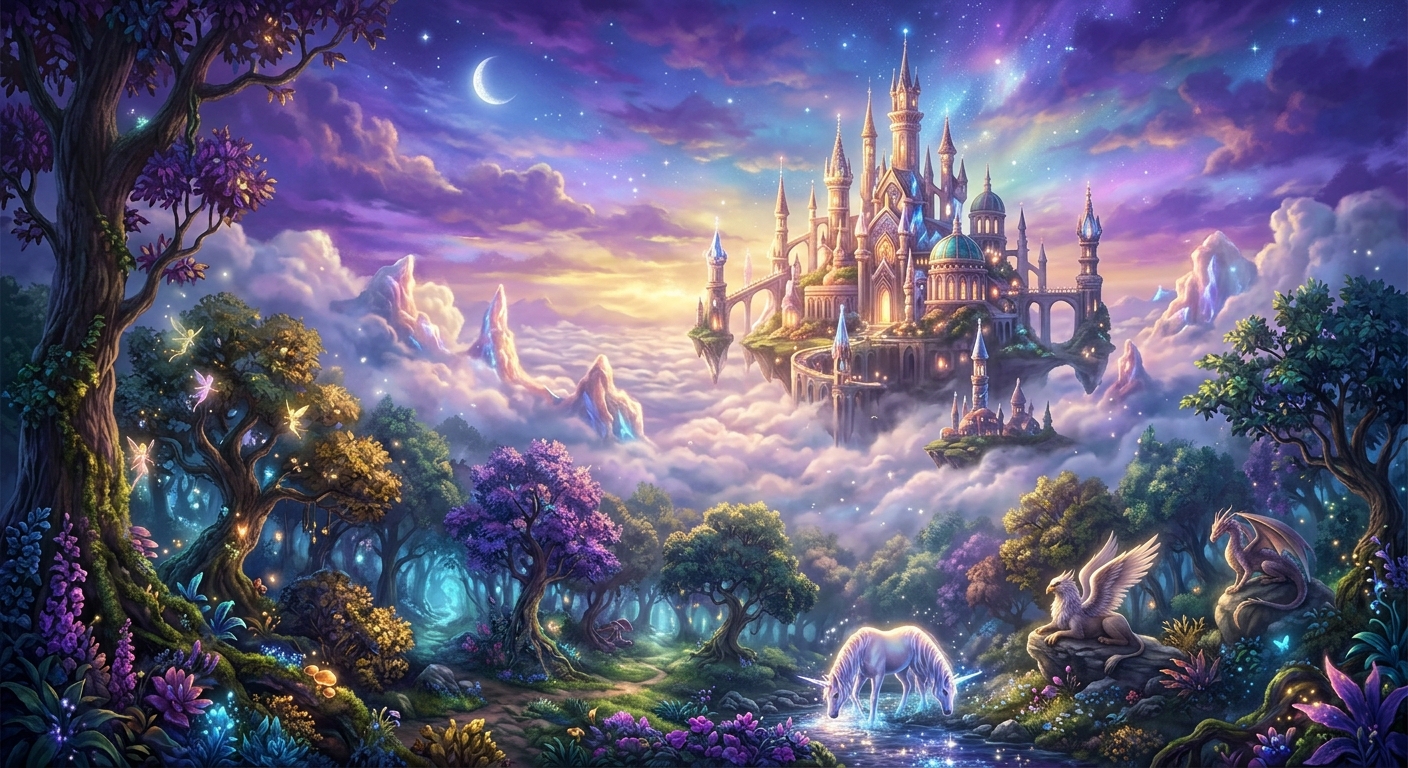 A floating ethereal castle under a twilight sky with magical lighting, surrounded by a lush forest and mythical creatures.