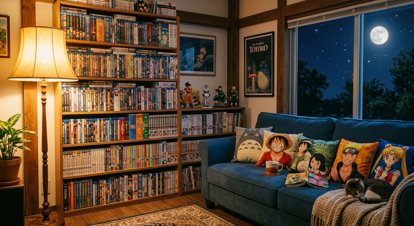 A cozy room with a large bookshelf of colorful anime DVDs and manga, warm lamp light, anime-themed cushions, and a full moon view.
