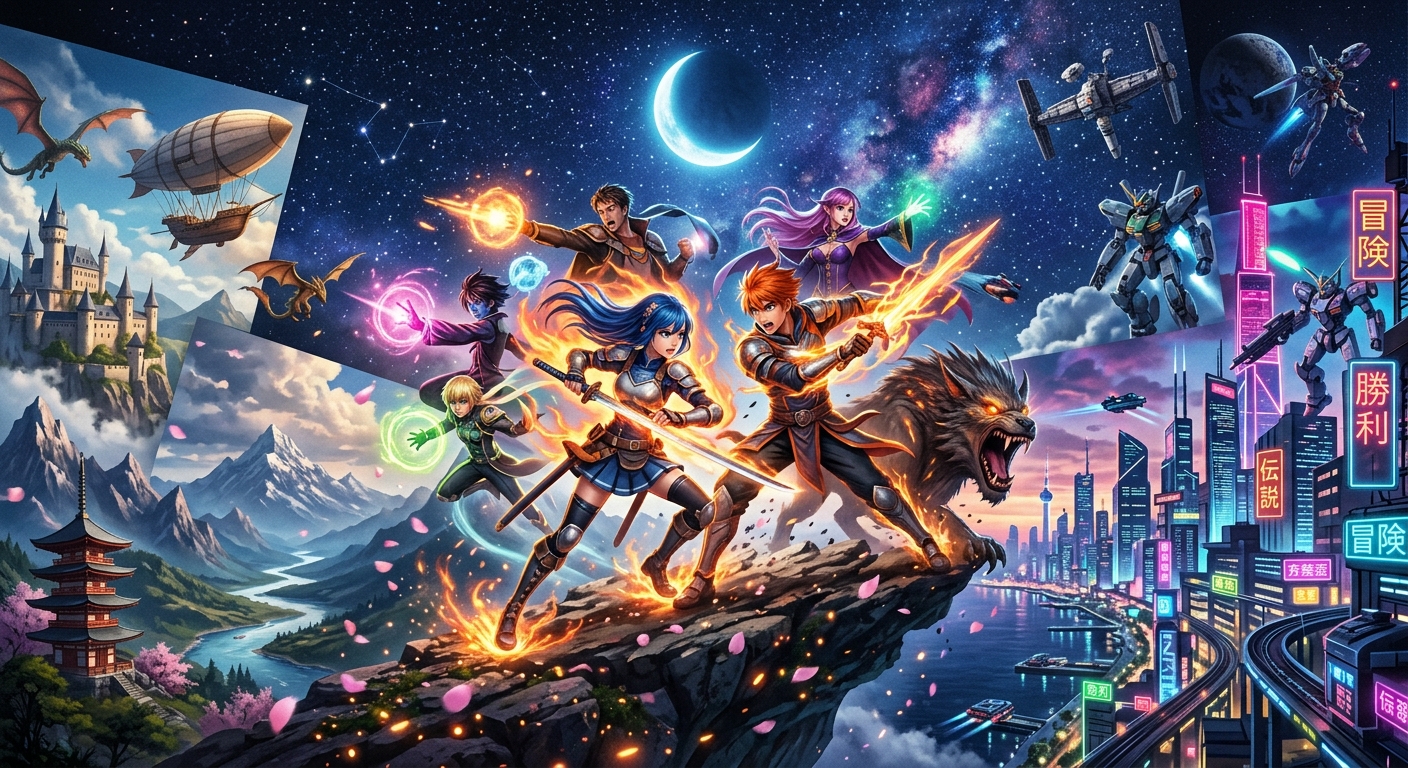 鮮烈な色彩のアニメキャラクター、劇的な風景、そして星空の下に広がる未来都市を、映画のようなライティングでコラージュした作品。