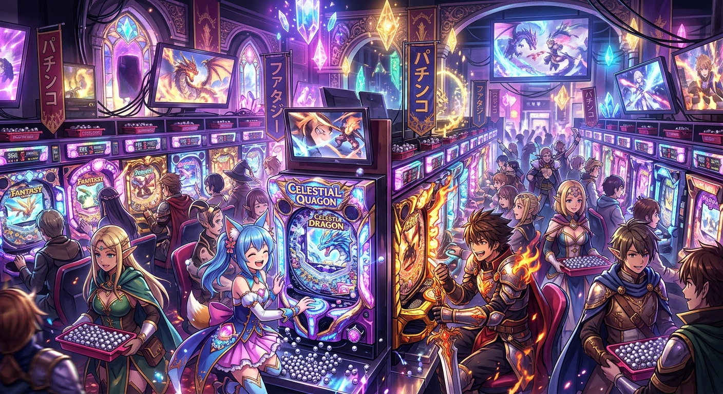 ファンタジーアニメの世界が、活気あふれるパチンコ店と融合した光景。光り輝く台の数々と、色鮮やかで凝った衣装をまとったキャラクターたちが描かれています。