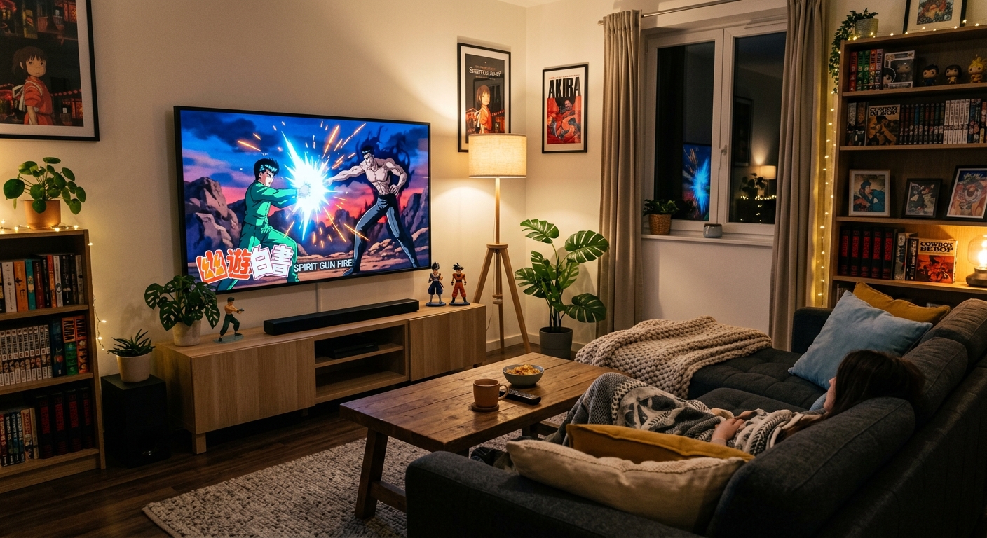 薄型テレビに鮮やかな名作アニメのワンシーンが映し出された、現代的で居心地の良いリビングルーム。温かみのある照明に包まれ、訪れる人を優しく迎え入れるような空間です。