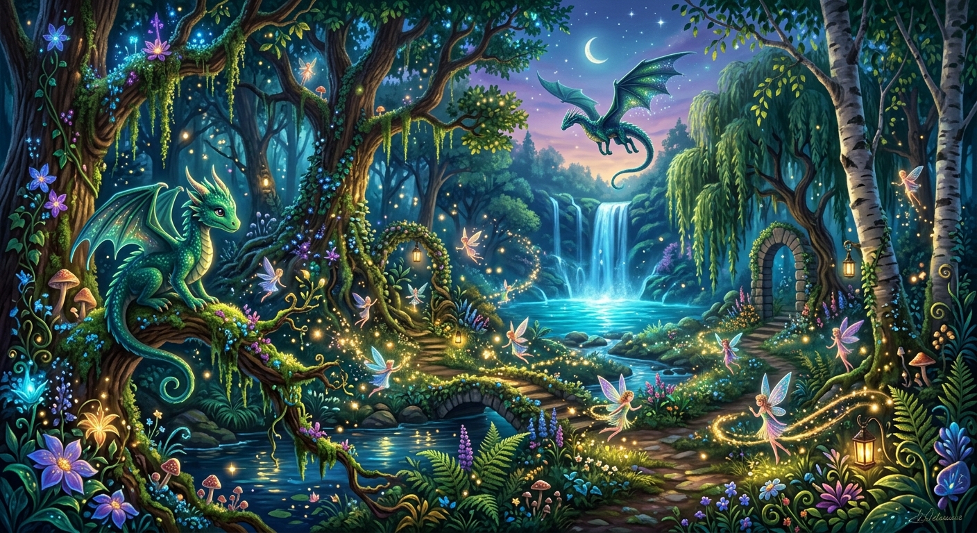 Mystical twilight forest with glowing flora, fairies, and dragons; warm magical lighting highlights vibrant, enchanting details.