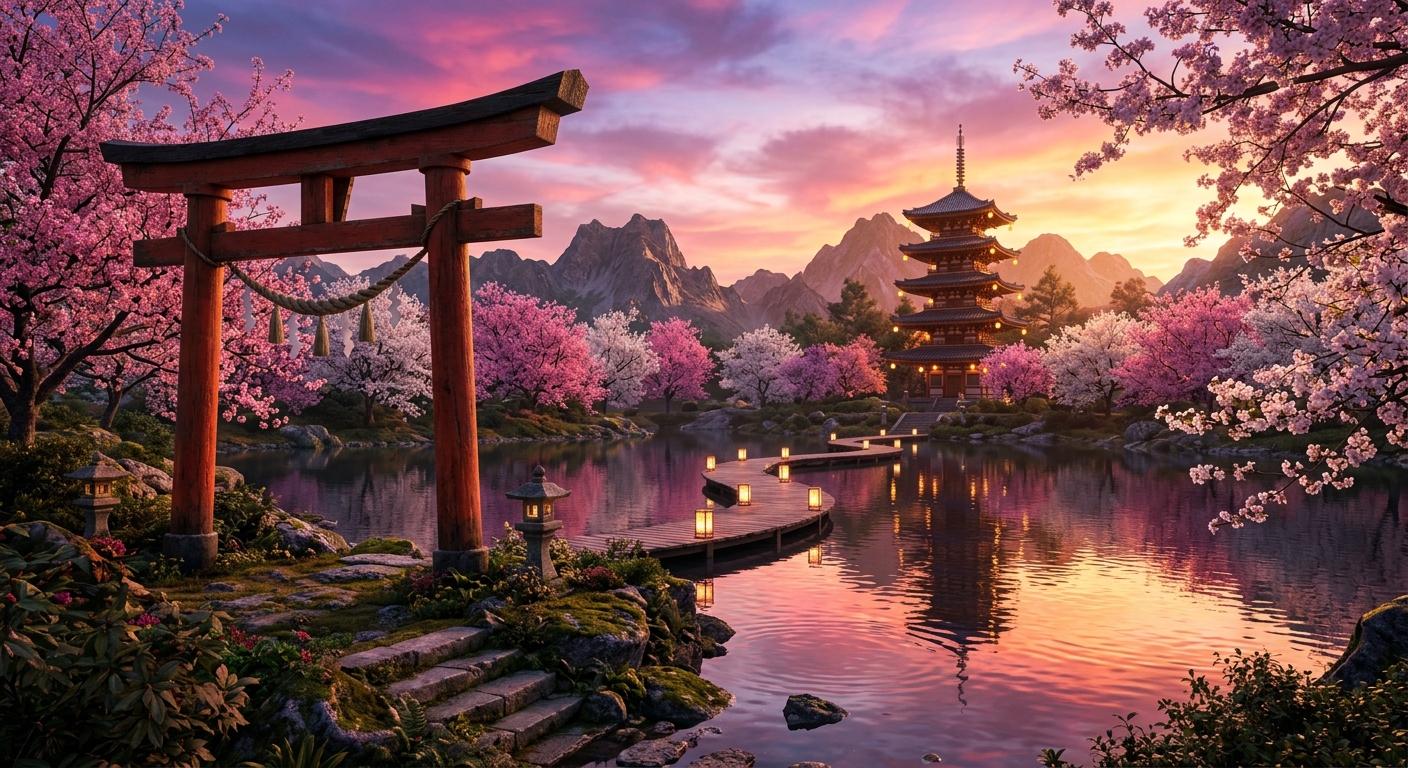 夕暮れ時、桜と静寂な湖、そして鳥居が織りなす、幻想的で魔法のような日本の風景。フォトリアルなファンタジースタイルで描かれる。