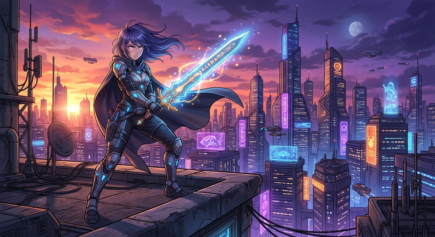 夕暮れの近未来都市に立つ、魔法の剣を携えたアニメ調のキャラクター。オレンジと紫に染まった空、ネオン輝く超高層ビル群、そしてドラマチックな影が織りなす、ファンタジーをテーマにした情景。